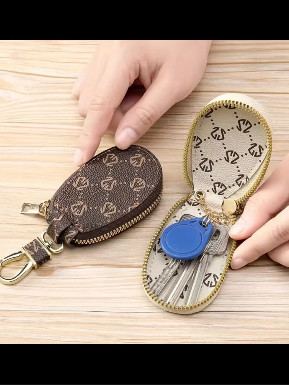 Geometric Zip Key Pouch Bag Charm - White and Gray